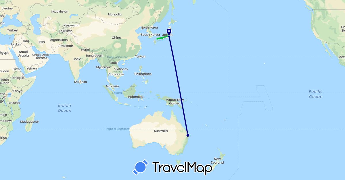 TravelMap itinerary: driving, bus, plane in Australia, Japan (Asia, Oceania)